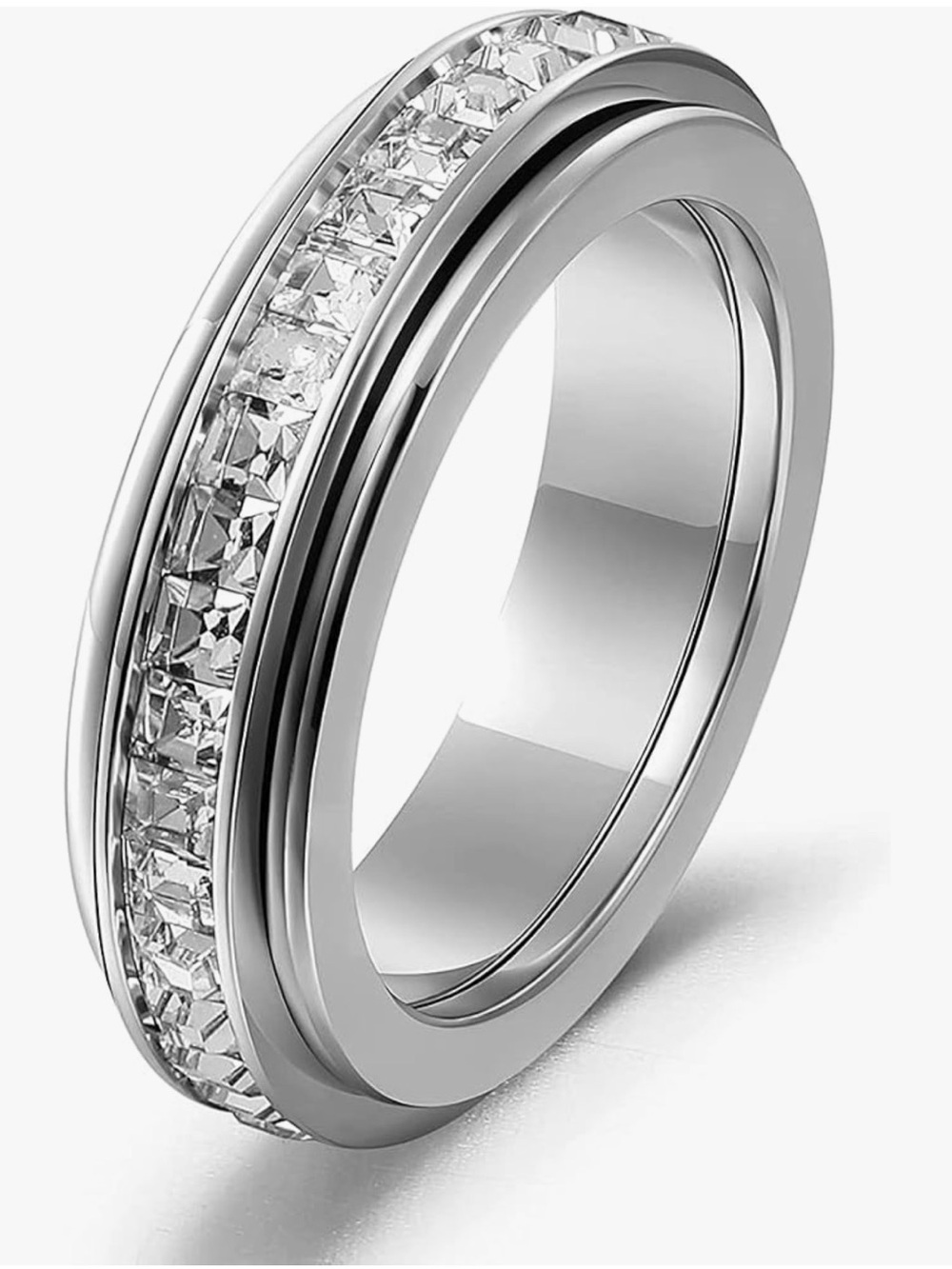 Anxiety Ring - Polished Silver-Tone Women’s Ring with Clear Crystal Channel